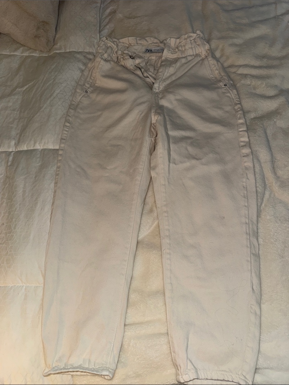 Zara Cream Elastic-Waist Tapered Jogger Pants